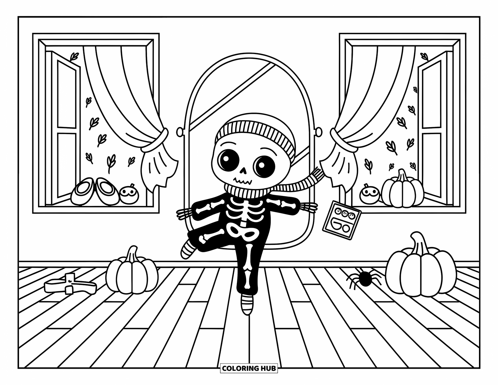 Halloween Monster Coloring Page for Adults: A skeleton monster dances in a cozy studio with leaves swirling inside