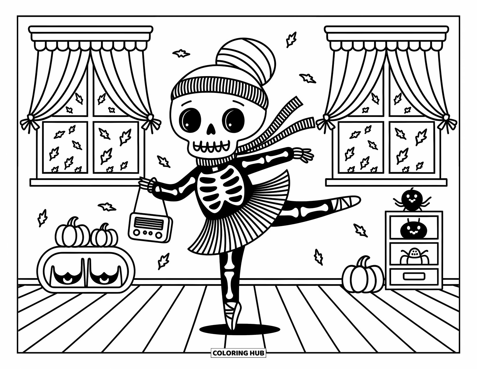 Halloween Monster Coloring Page for Adults: A skeleton monster practices ballet as leaves and curtains swirl around