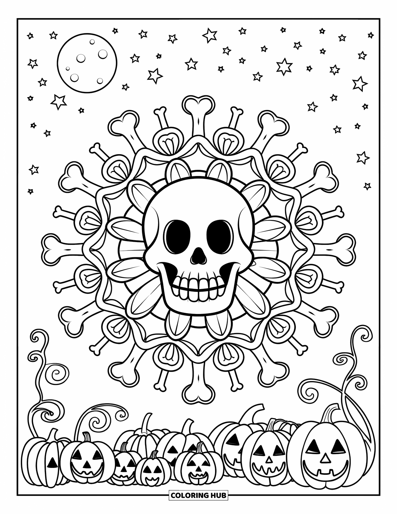 Halloween Monster Coloring Page for Adults: A skeleton's skull glows in a mandala framed by pumpkins and stars