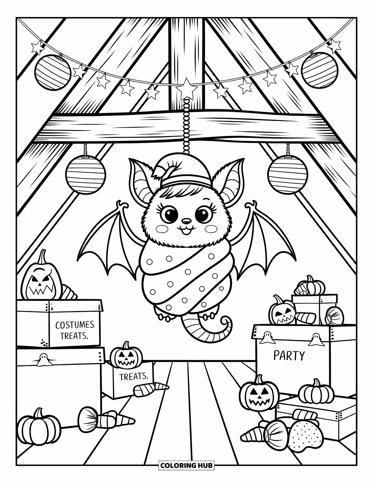 Halloween Monster Coloring Page for Adults: A sleepy bat monster dangles from a beam among pumpkins and stars