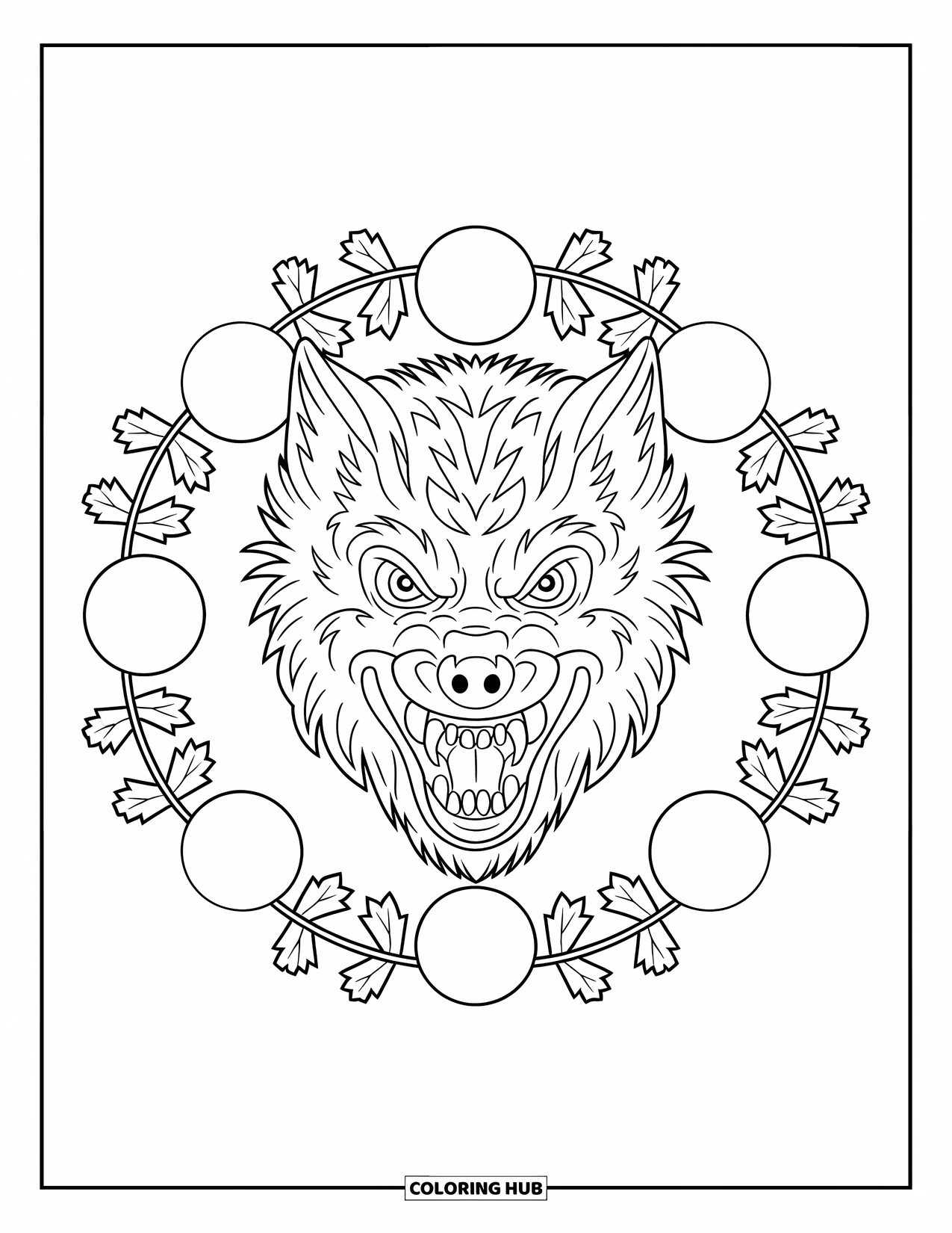 Halloween Monster Coloring Page for Adults: A snarling werewolf framed by full moons and oak leaves