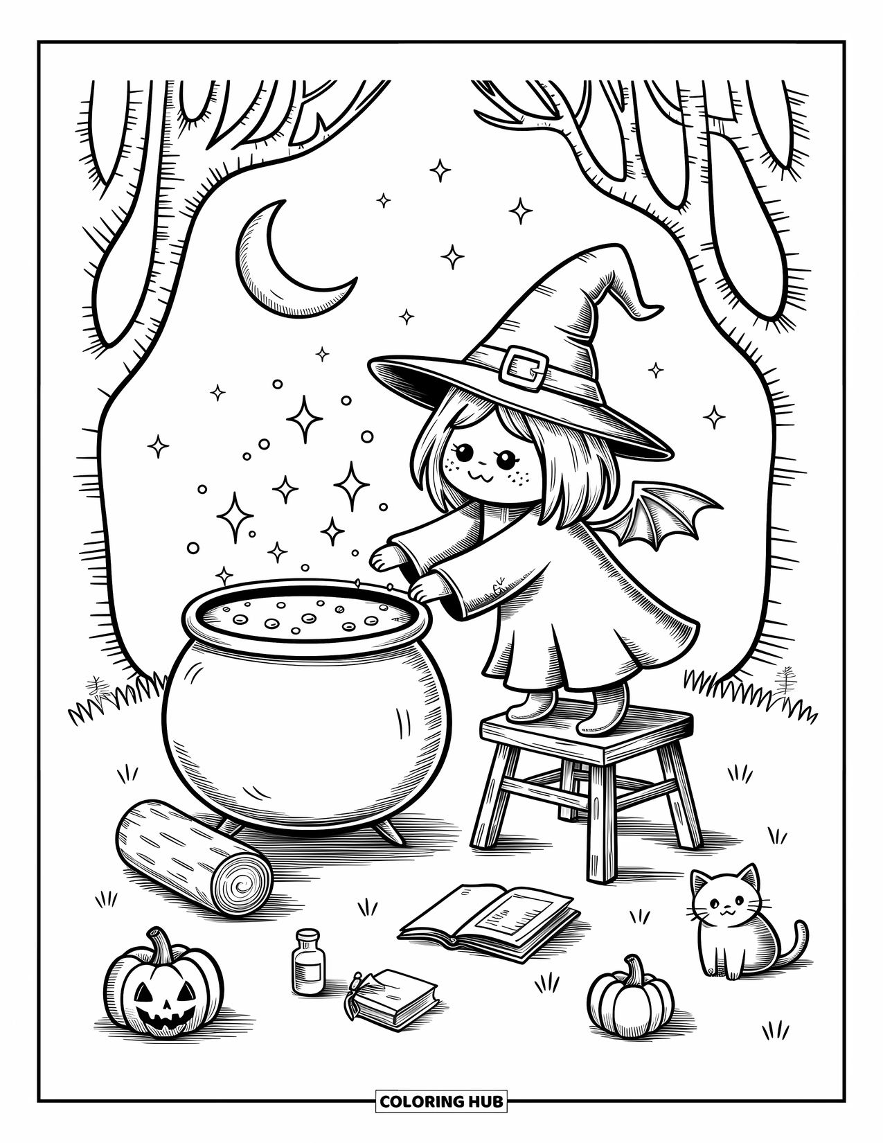 Halloween Monster Coloring Page for Adults: A tiny witch stands on a stool, reaching into a cauldron of magic