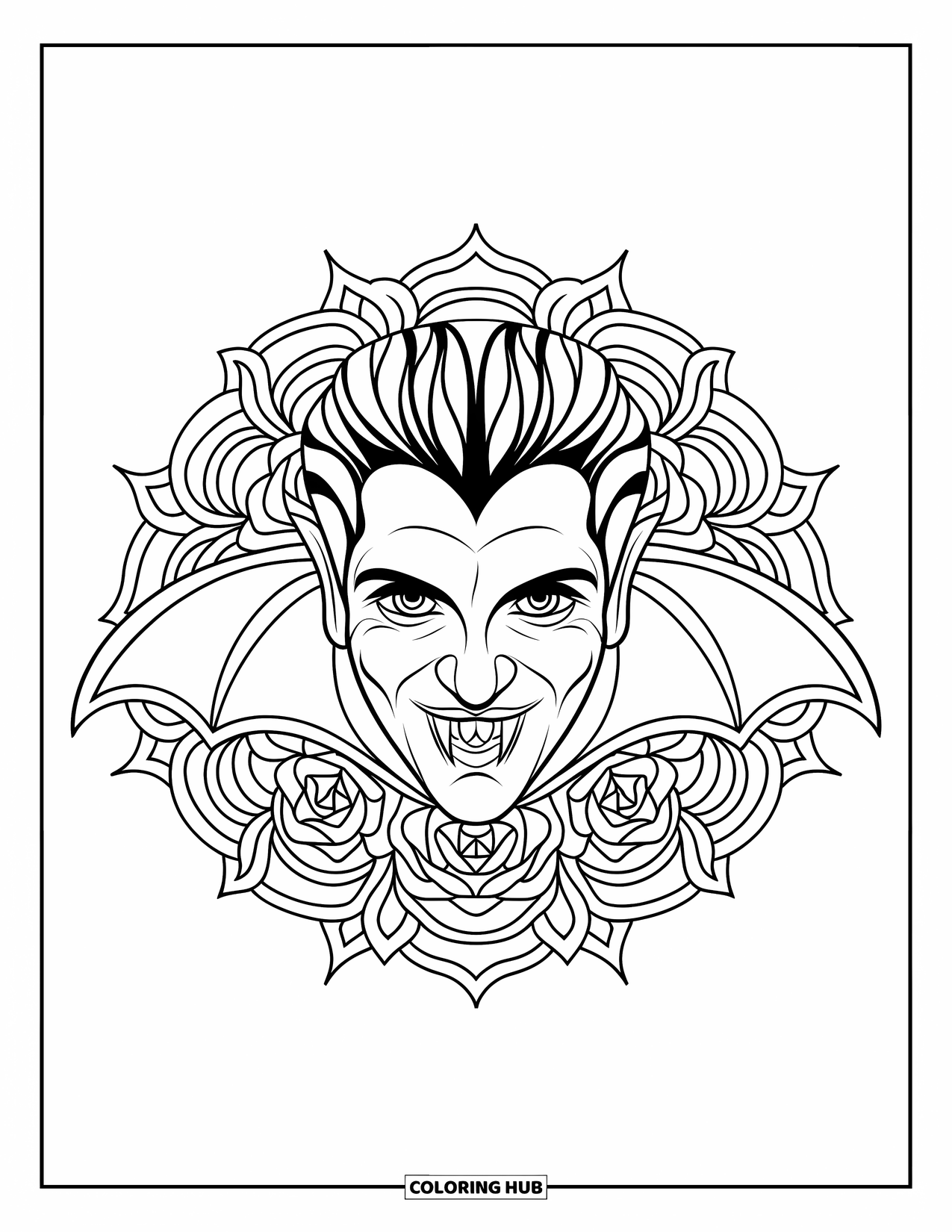 Halloween Monster Coloring Page for Adults: A vampire gazes calmly from a rose and bat wing mandala