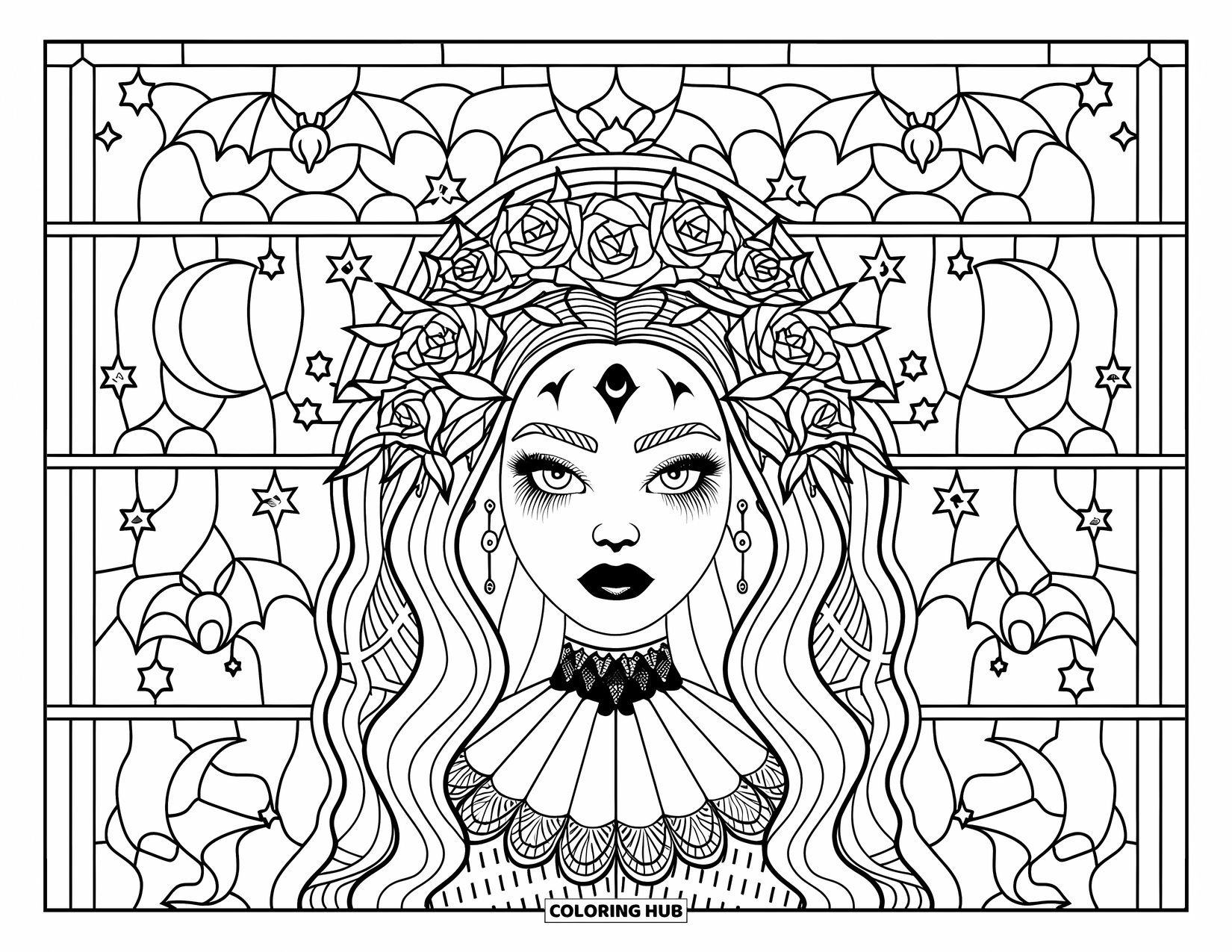 Halloween Monster Coloring Page for Adults: A vampire girl framed by bats, moons, and roses in stained glass