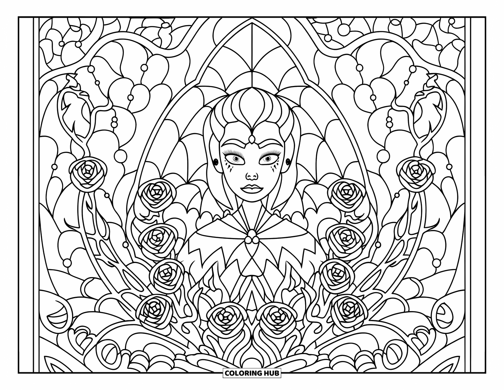 Halloween Monster Coloring Page for Adults: A vampire girl surrounded by stained glass roses and night creatures