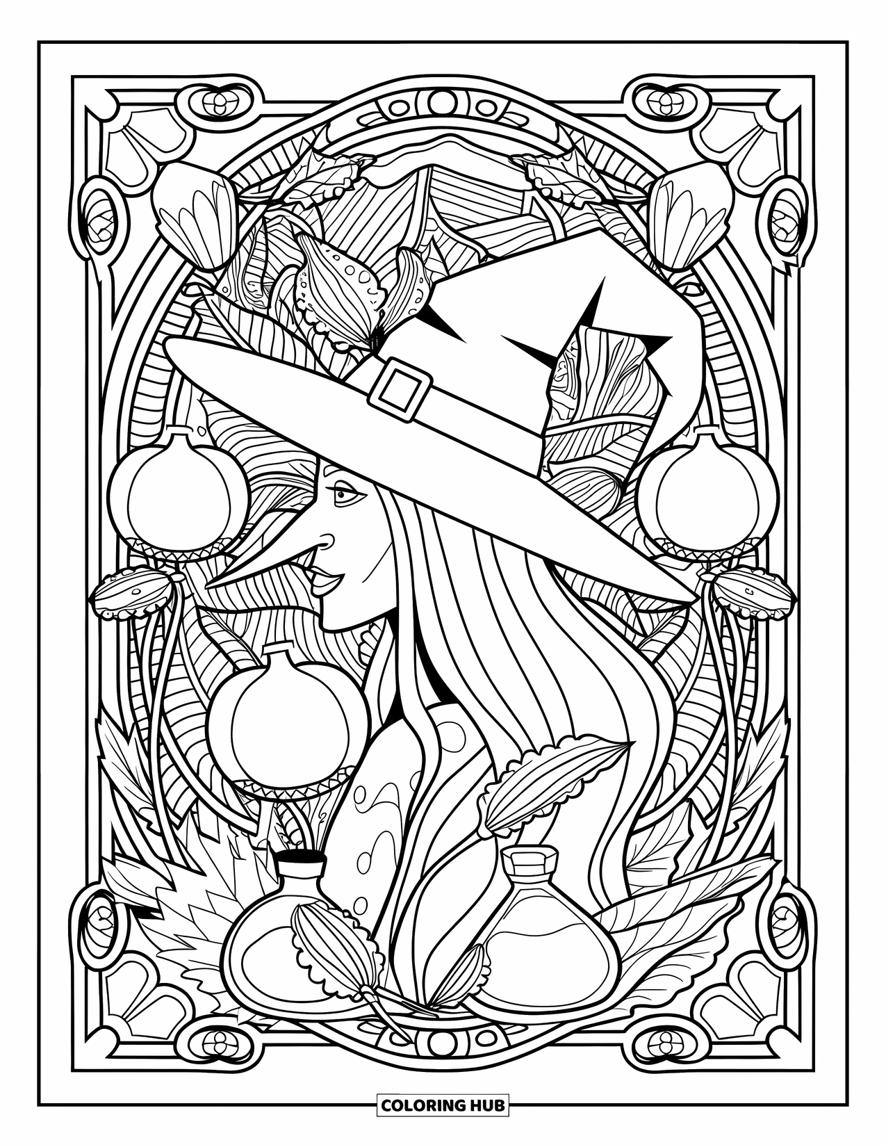 Halloween Monster Coloring Page for Adults: A witch in profile surrounded by vines, belladonna, and potion bottles