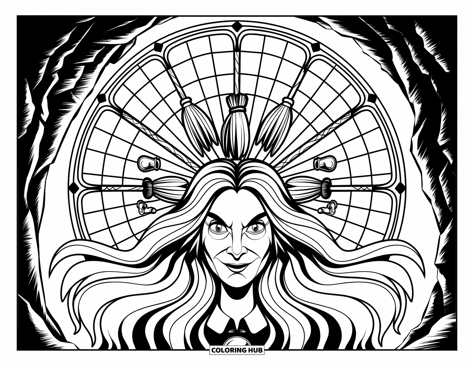 Halloween Monster Coloring Page for Adults: A witch with flowing hair smiles mysteriously inside a halo of magic tools