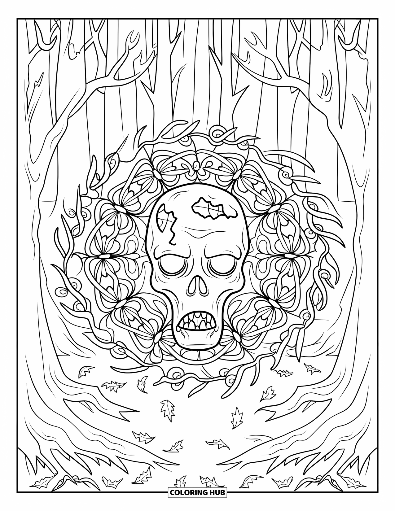 Halloween Monster Coloring Page for Adults: A zombie's hollow eyes peer from a mandala of roots and vines