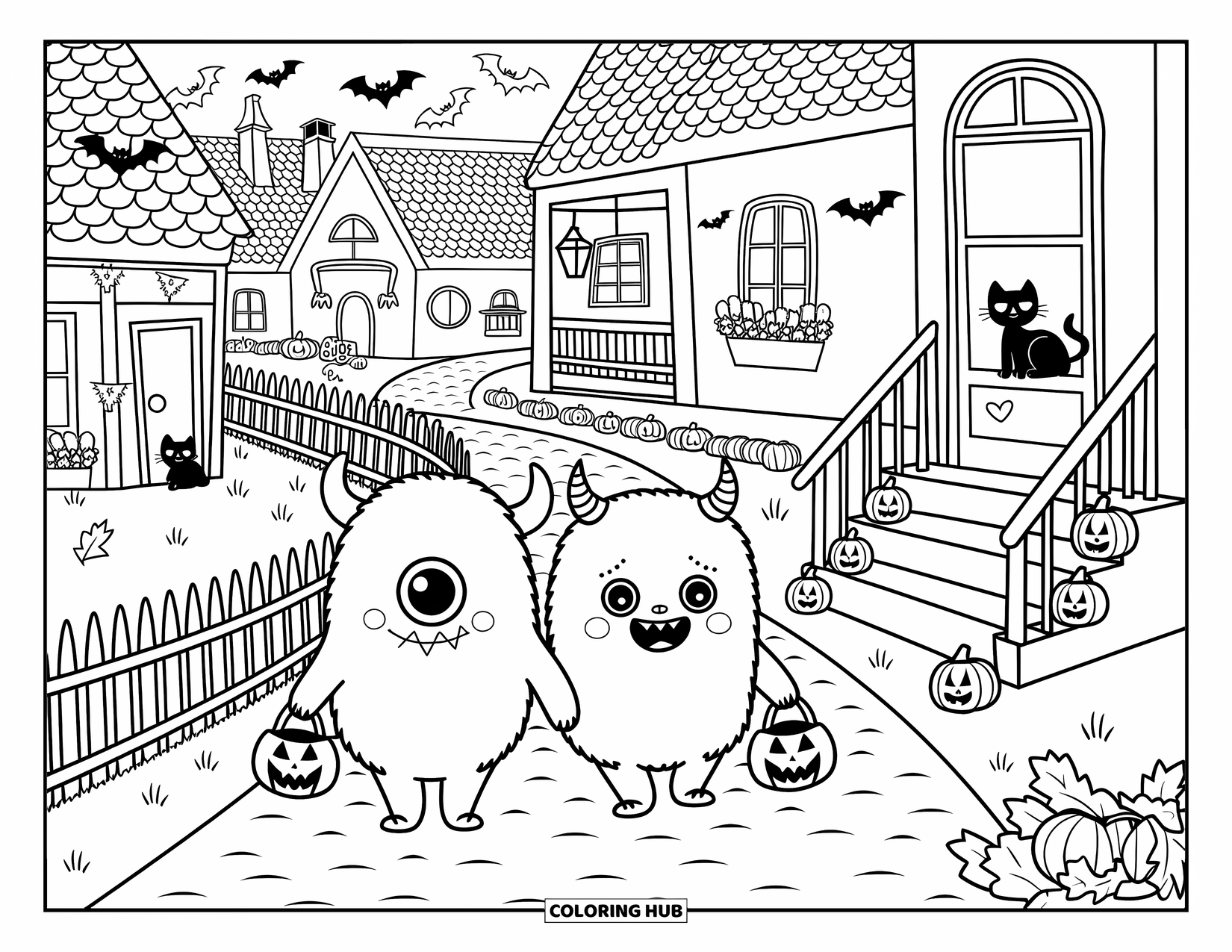 Halloween Monster Coloring Page for Adults: Two monster pals walk together under glowing lanterns and crooked fences