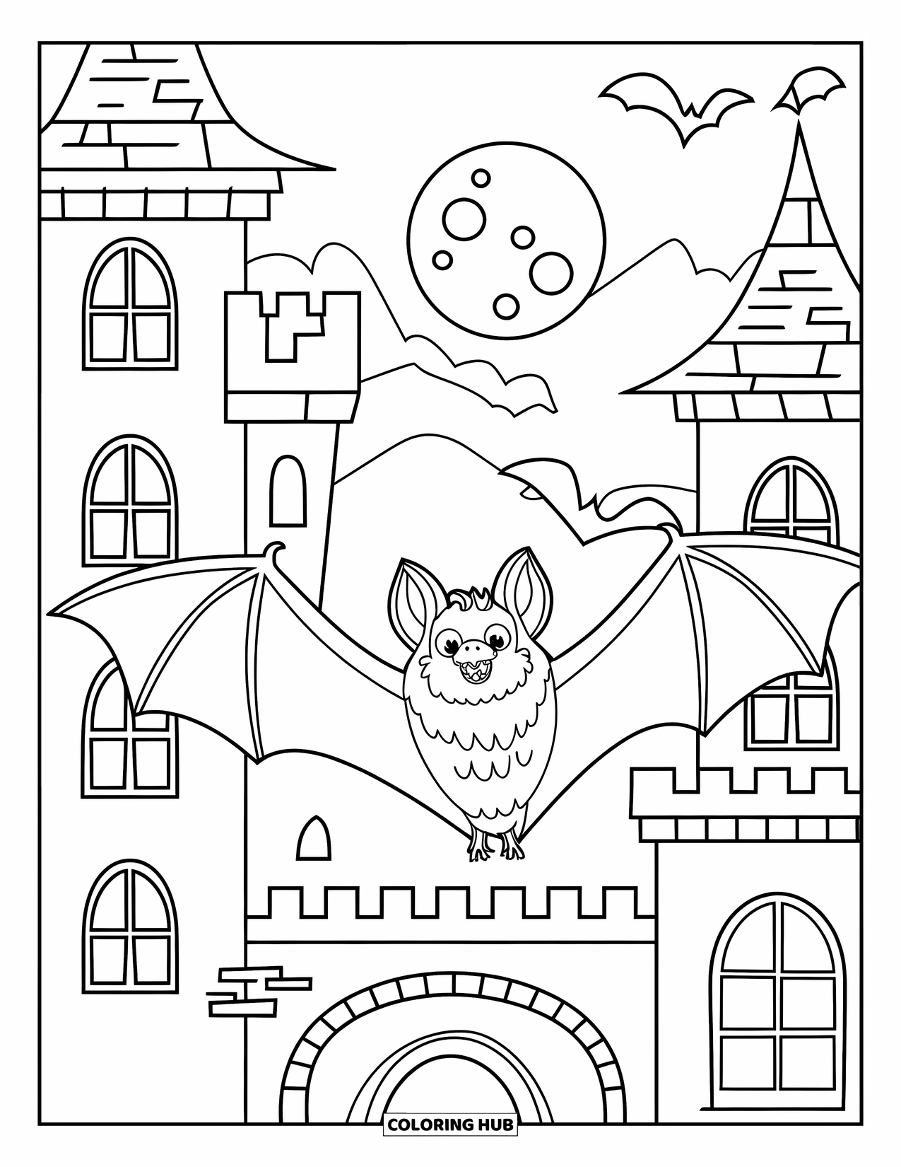 Halloween Monster Coloring Page for Kids: A bat circles above a tall castle with pointed towers and arches