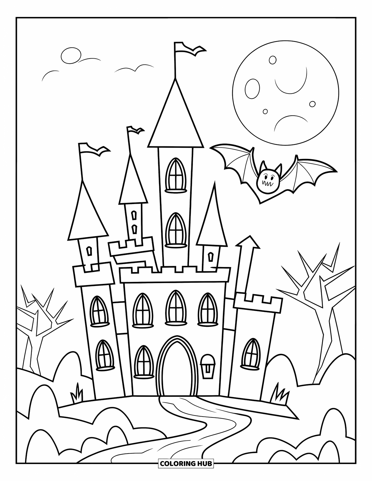 Halloween Monster Coloring Page for Kids: A bat soars over a spooky castle surrounded by trees and moonlight