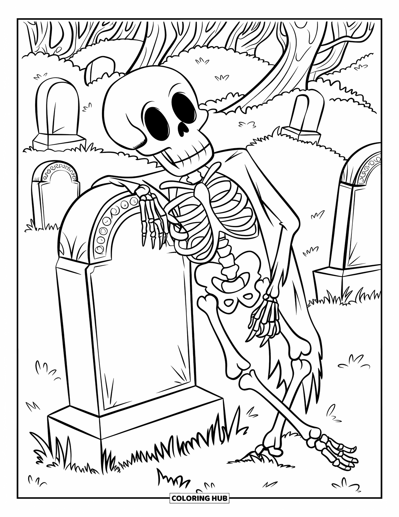 Halloween Monster Coloring Page for Kids: A cheeky skeleton leans on a carved gravestone under gnarled trees
