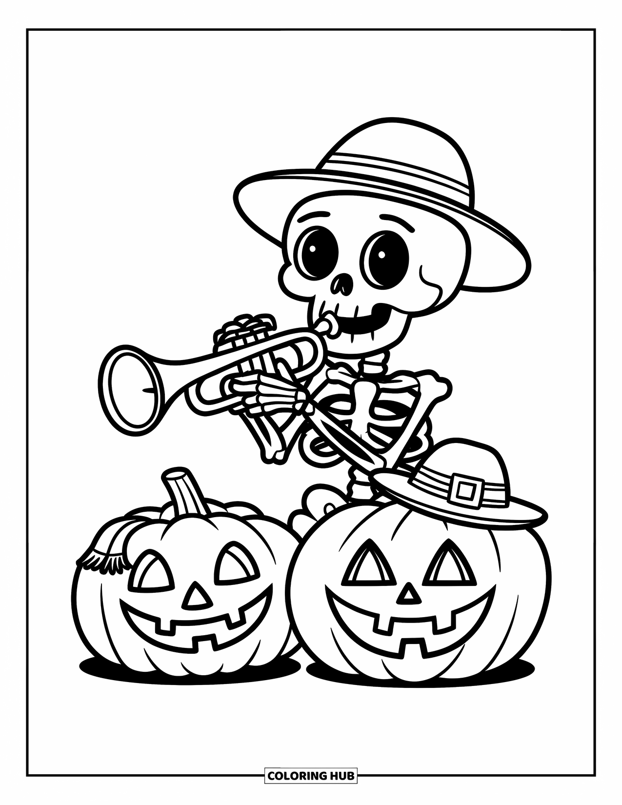 Halloween Monster Coloring Page for Kids: A cheerful skeleton in a hat plays trumpet next to smiling pumpkins