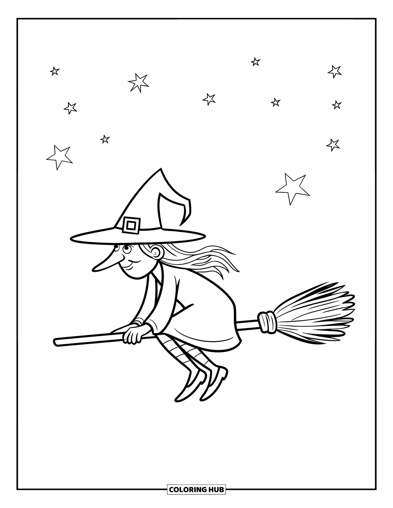 Halloween Monster Coloring Page for Kids: A classic witch flies on her broom beneath a few shining stars