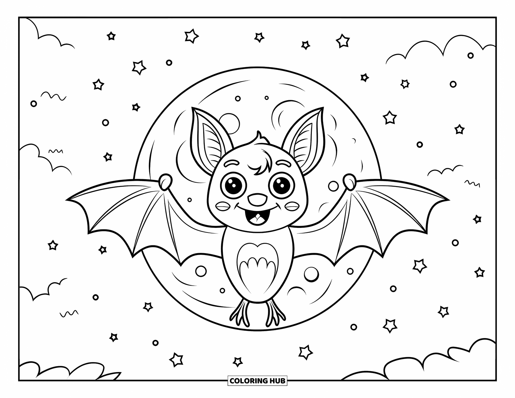 Halloween Monster Coloring Page for Kids: A cute bat spreads its wings flying in front of a full moon