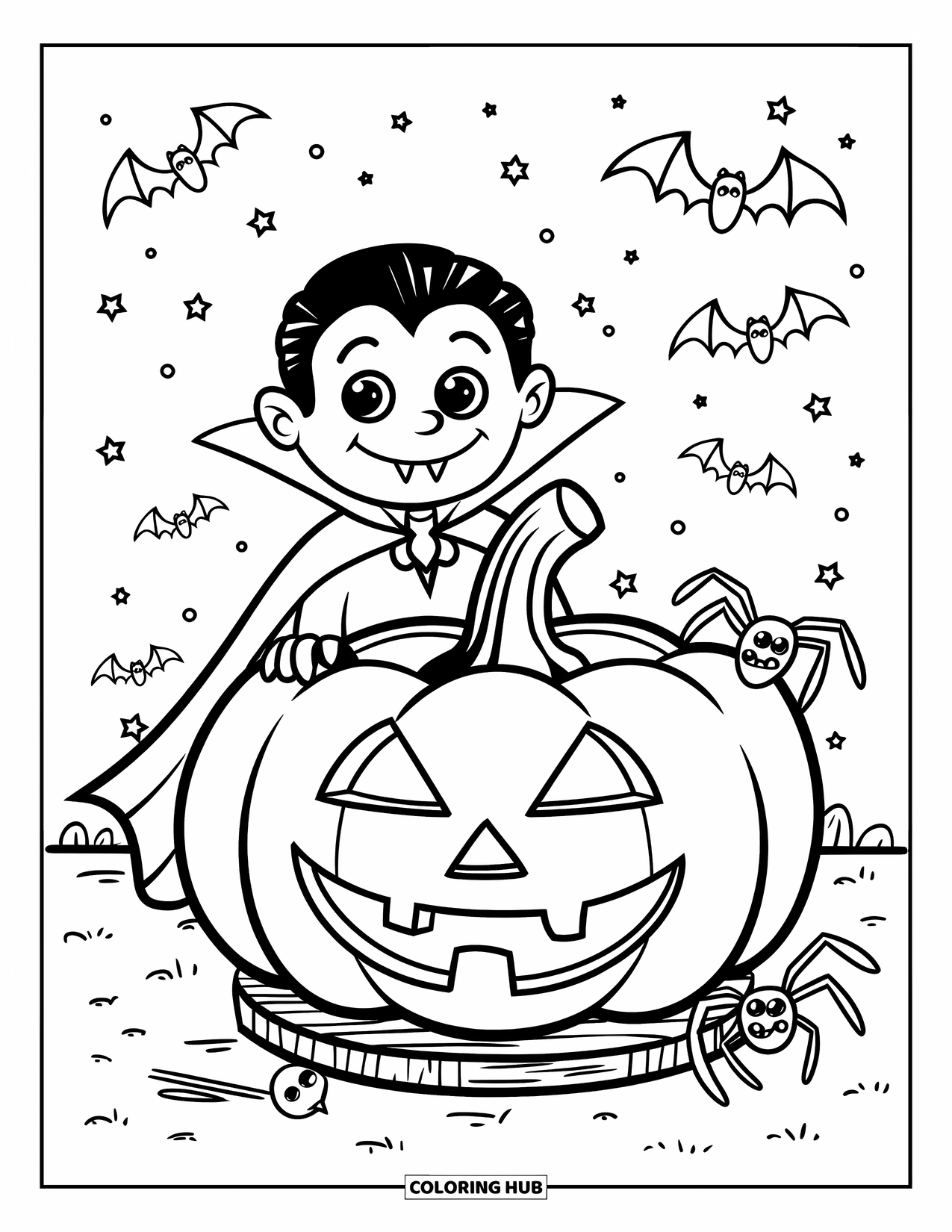 Halloween Monster Coloring Page for Kids: A cute vampire with a cape and fangs stands near a glowing pumpkin
