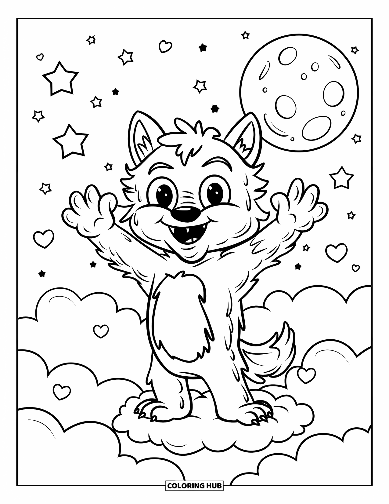 Halloween Monster Coloring Page for Kids: A cute werewolf waves happily under stars and a glowing moon