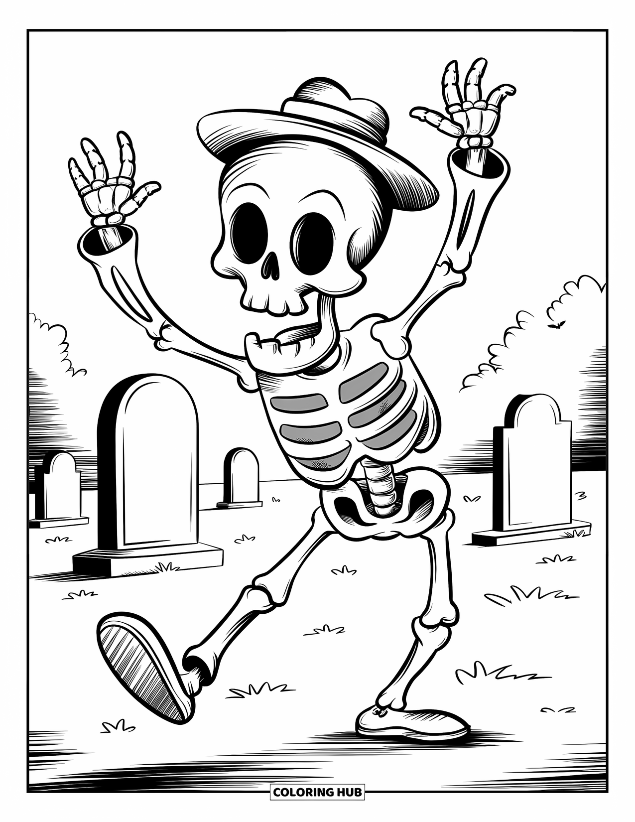 Halloween Monster Coloring Page for Kids: A dancing skeleton in stripes twirls between old tombstones