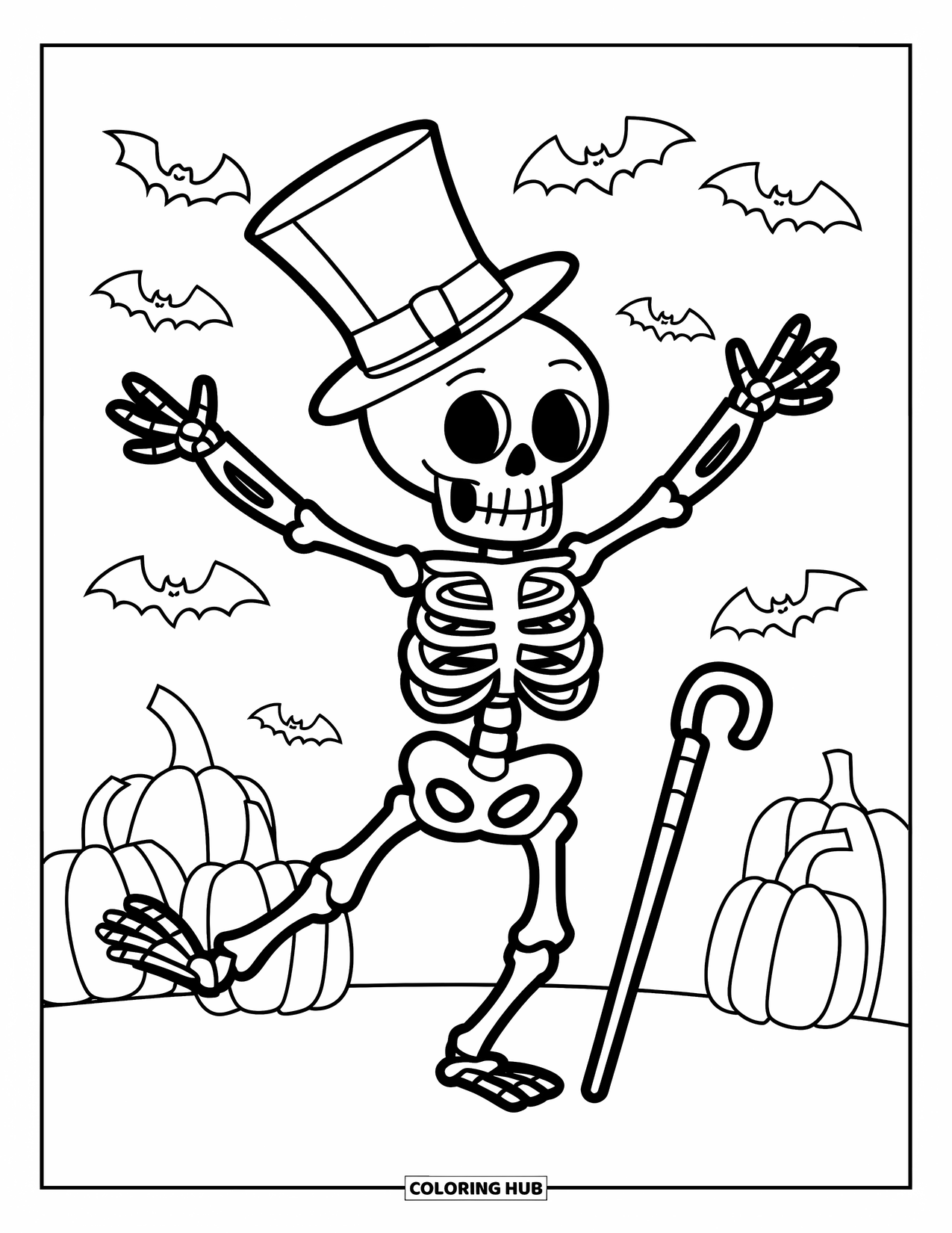 Halloween Monster Coloring Page for Kids: A dancing skeleton waves its arms, wearing a hat and holding a cane