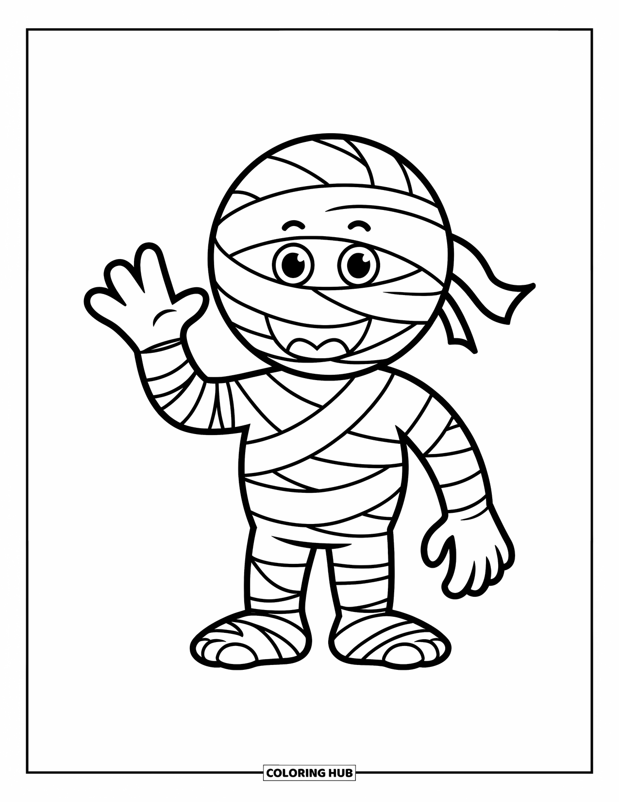Halloween Monster Coloring Page for Kids: A friendly mummy waves with one hand, smiling brightly