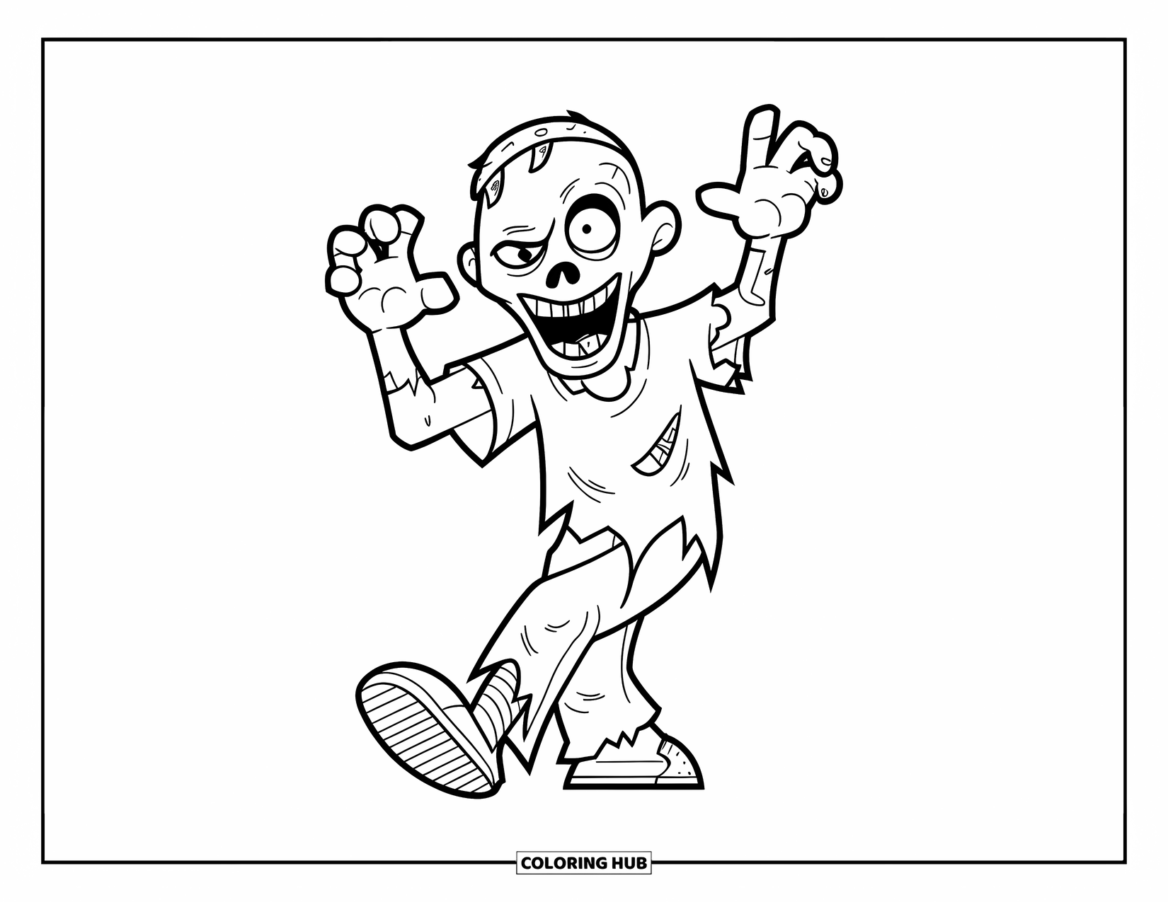 Halloween Monster Coloring Page for Kids: A goofy zombie walks forward with arms up and a wide grin
