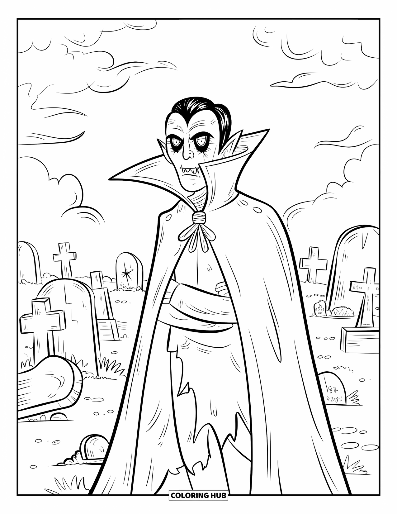 Halloween Monster Coloring Page for Kids: A gothic vampire stands in a graveyard surrounded by broken tombstones