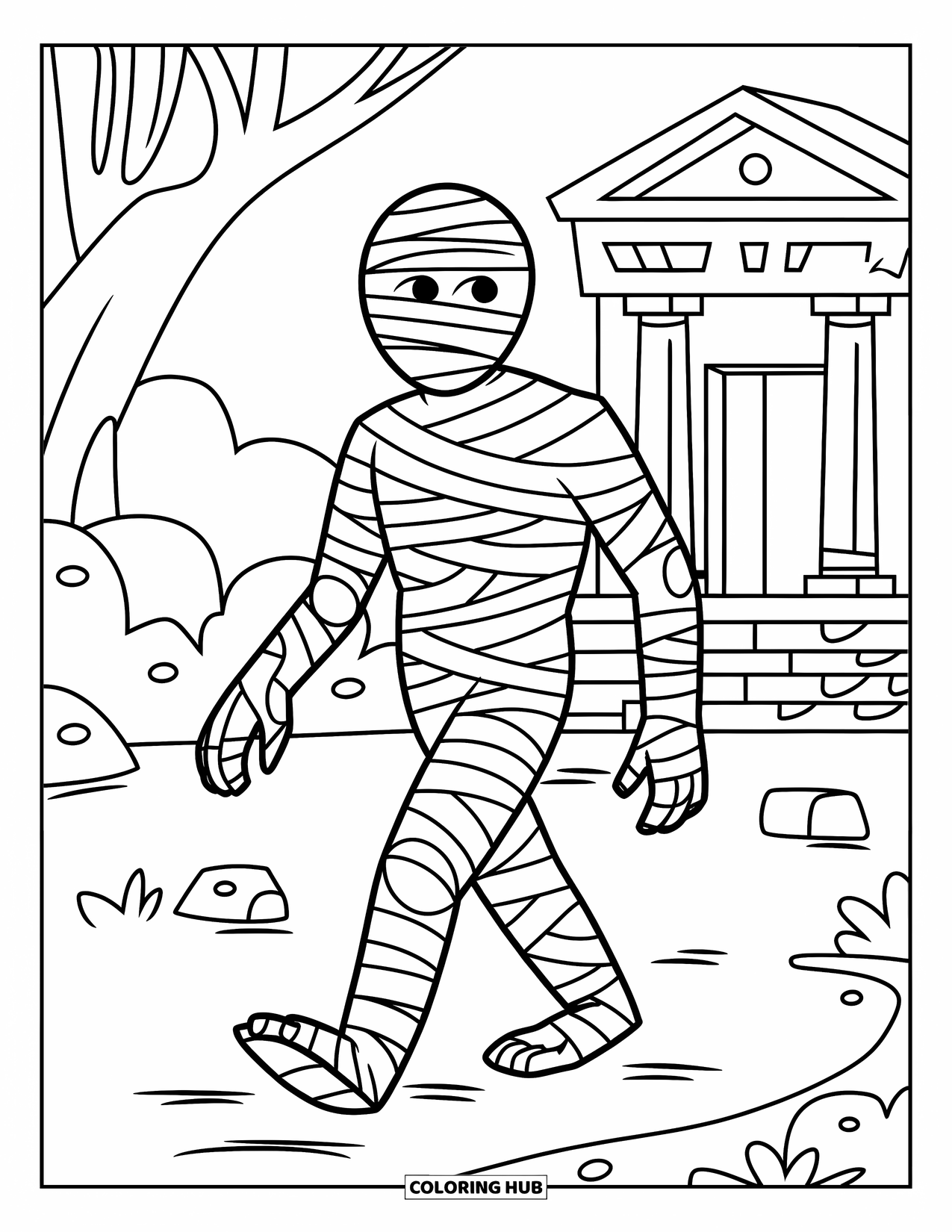 Halloween Monster Coloring Page for Kids: A mummy walks a dusty path near a stone tomb and scattered rocks