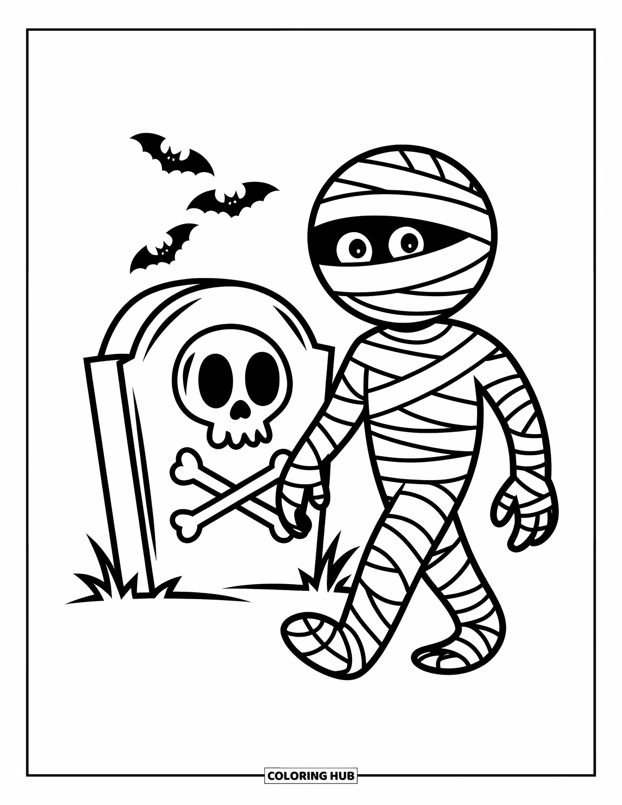Halloween Monster Coloring Page for Kids: A mummy wanders by a skull-marked gravestone surrounded by bats