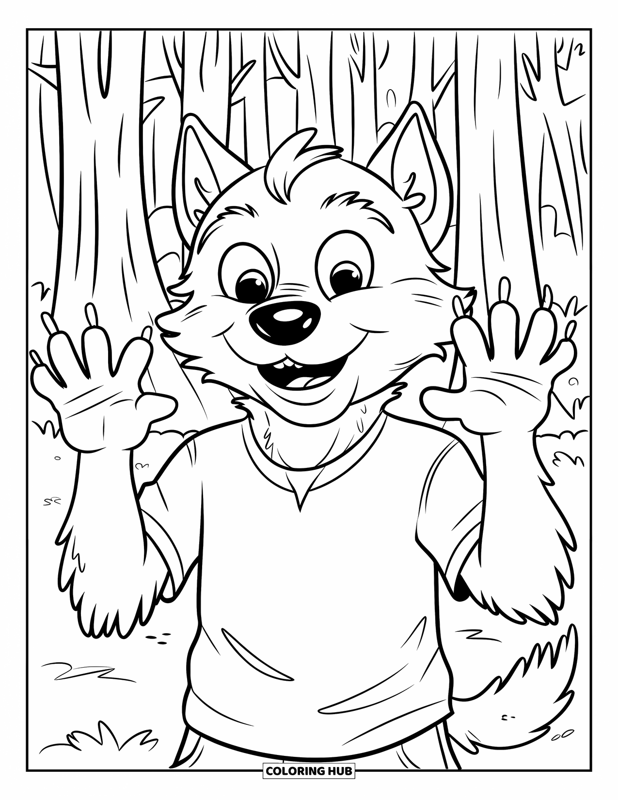 Halloween Monster Coloring Page for Kids: A playful werewolf lifts its arms and smiles in a spooky forest