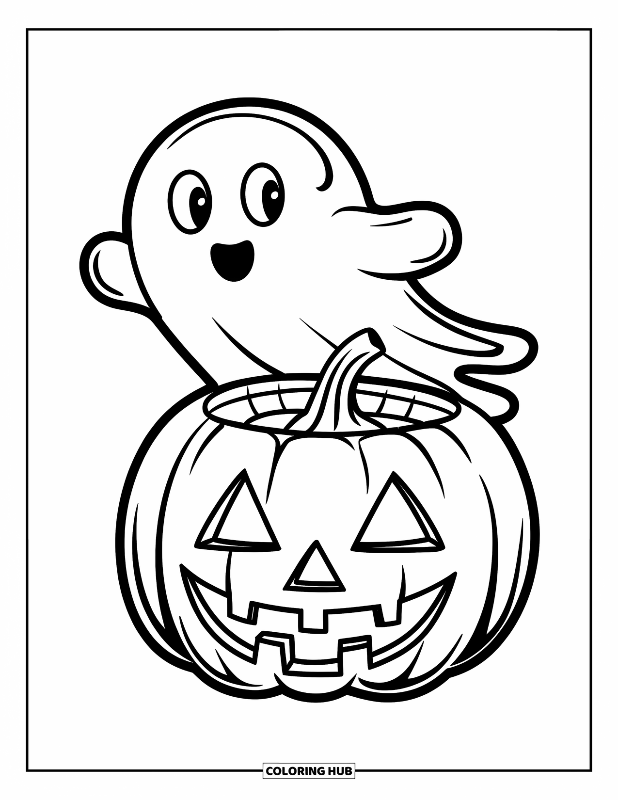 Halloween Monster Coloring Page for Kids: A round ghost smiles beside a jack-o'-lantern in the dark