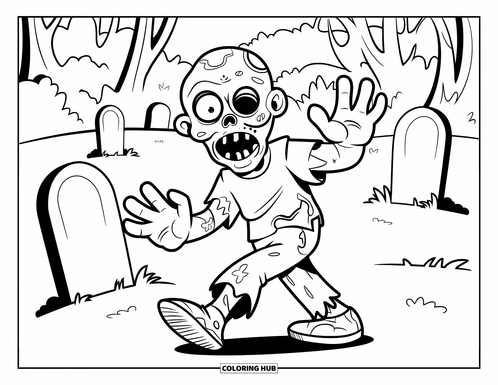Halloween Monster Coloring Page for Kids: A silly zombie steps through a graveyard grinning beneath twisted trees