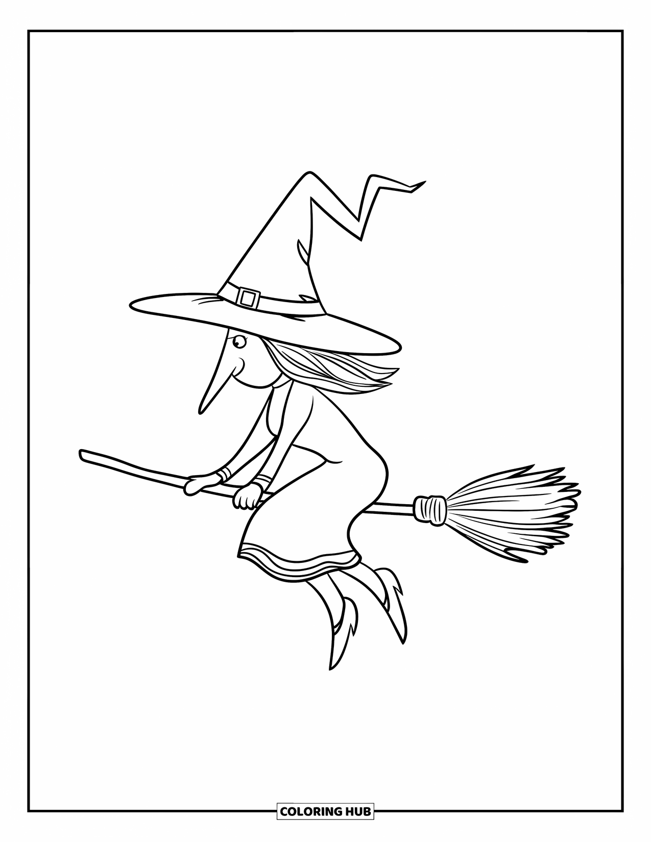 Halloween Monster Coloring Page for Kids: A simple witch rides her broomstick with a big hat and long dress