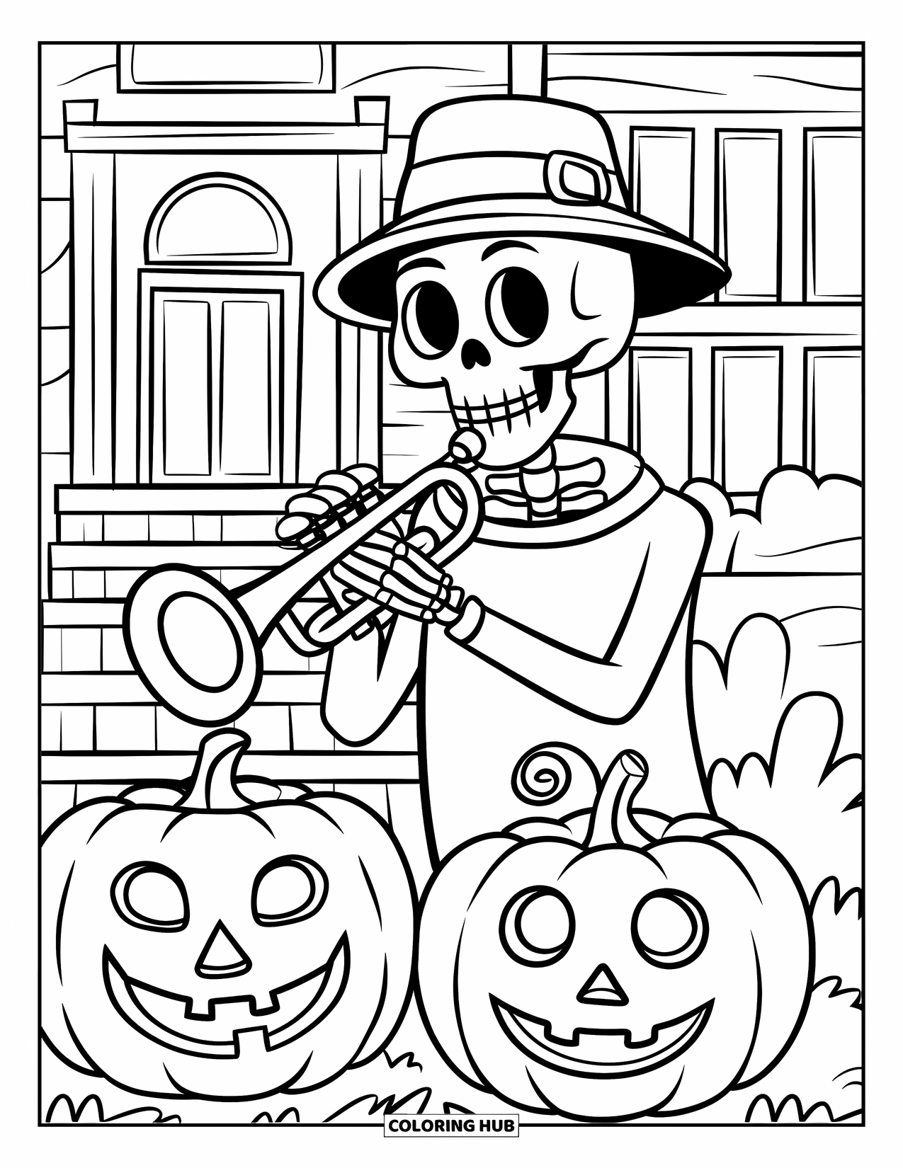 Halloween Monster Coloring Page for Kids: A skeleton plays music near pumpkins and a haunted mansion doorway