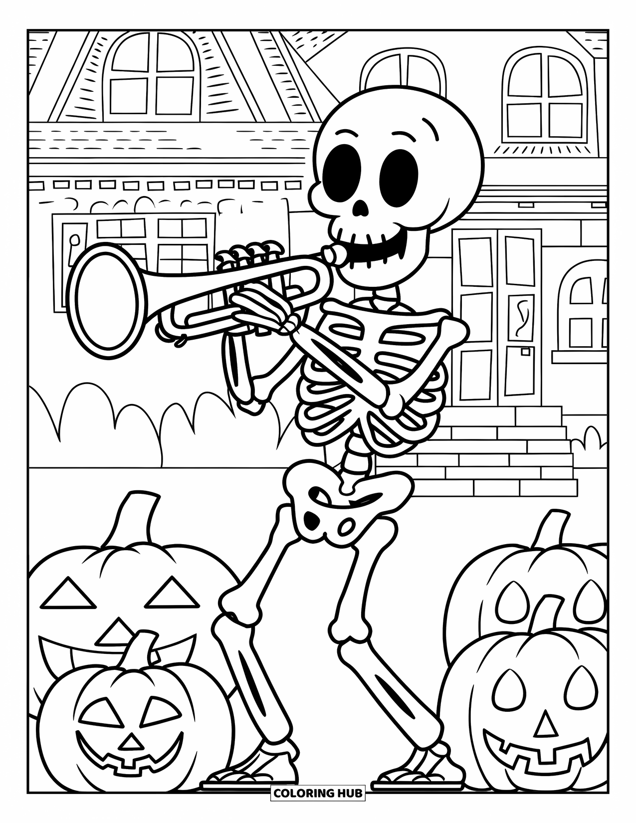 Halloween Monster Coloring Page for Kids: A skeleton plays trumpet beside jack-o'-lanterns near a haunted house