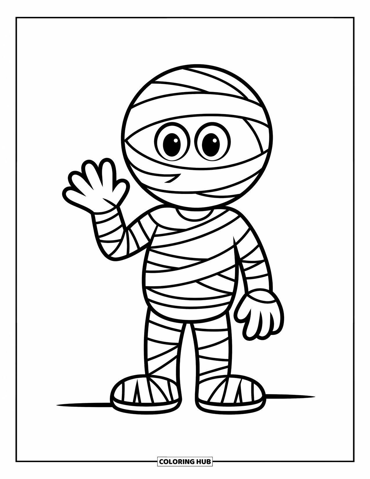 Halloween Monster Coloring Page for Kids: A smiling mummy waves hello while standing on flat ground