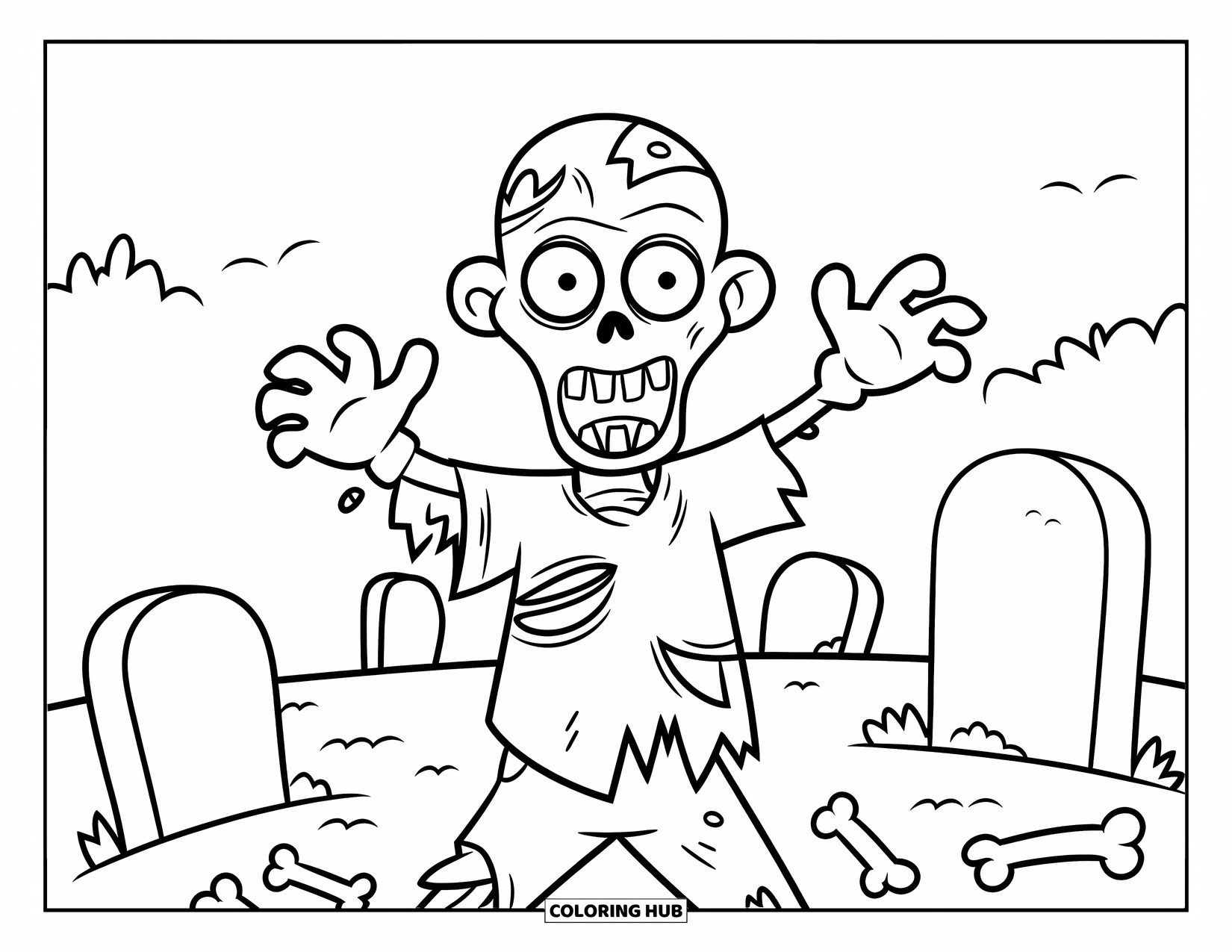 Halloween Monster Coloring Page for Kids: A smiling zombie shuffles through a graveyard with scattered bones