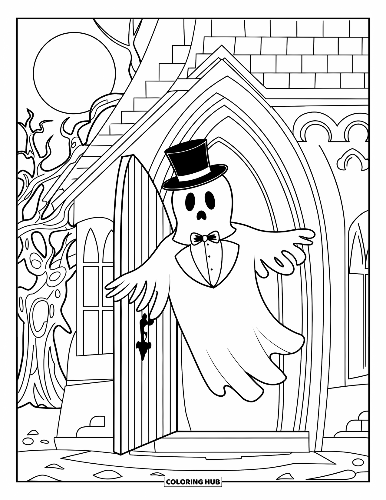 Halloween Monster Coloring Page for Kids: A stylish ghost in a tuxedo emerges from a spooky mansion