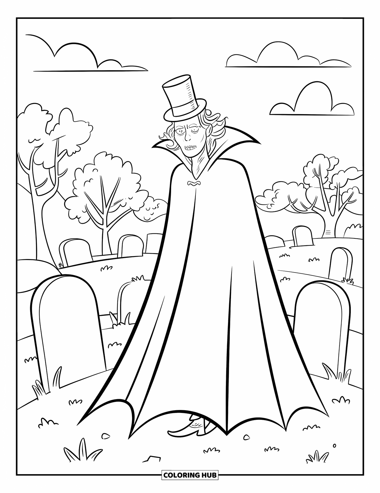 Halloween Monster Coloring Page for Kids: A vampire in a top hat looms in a graveyard beneath twisted trees
