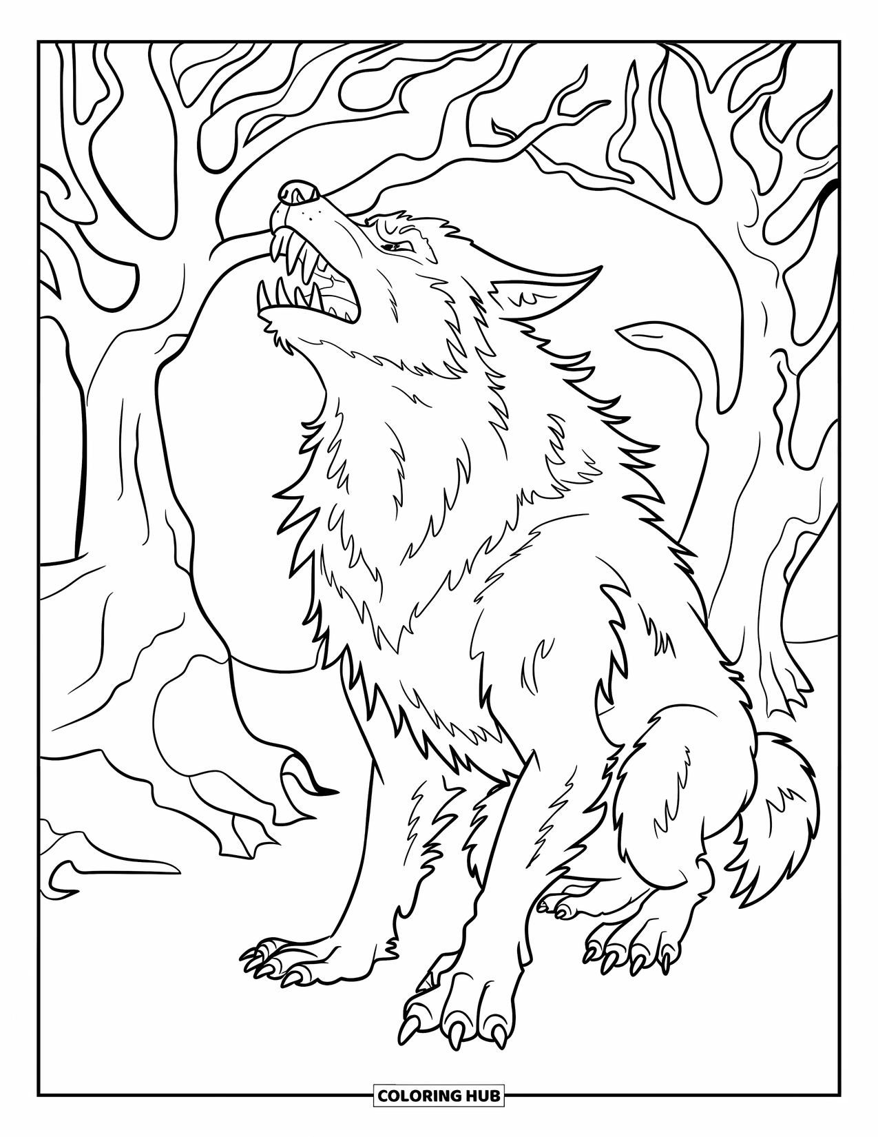 Halloween Monster Coloring Page for Kids: A werewolf howls in a spooky forest filled with shadowy branches