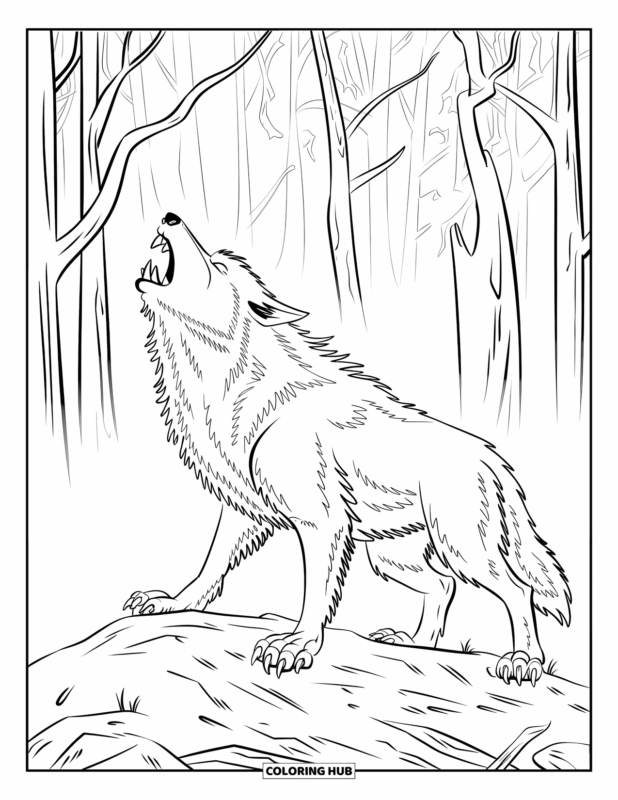 Halloween Monster Coloring Page for Kids: A werewolf howls on rocks before a haunted forest of twisted trees