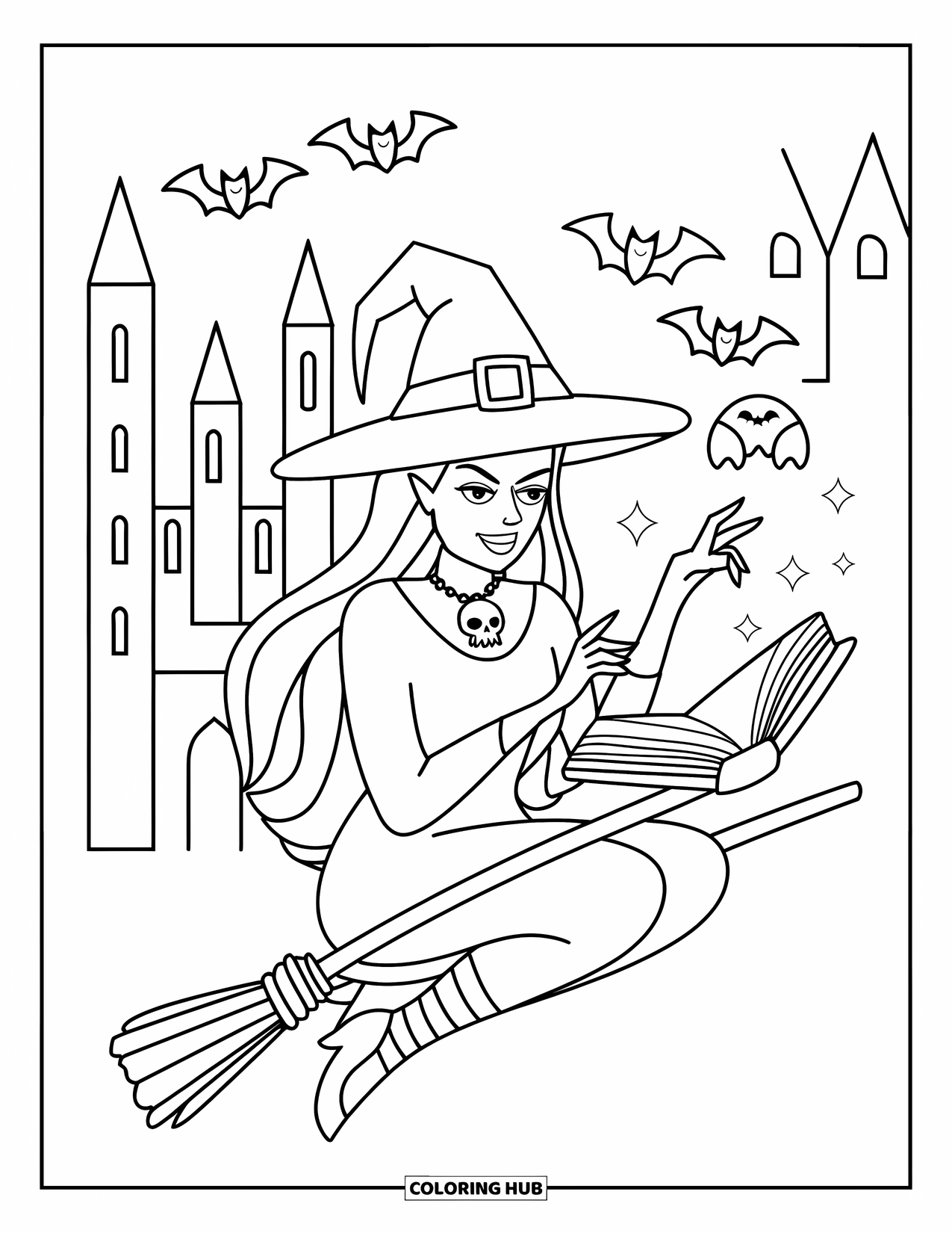 Halloween Monster Coloring Page for Kids: A witch on a broom casts spells from an ancient book near a castle