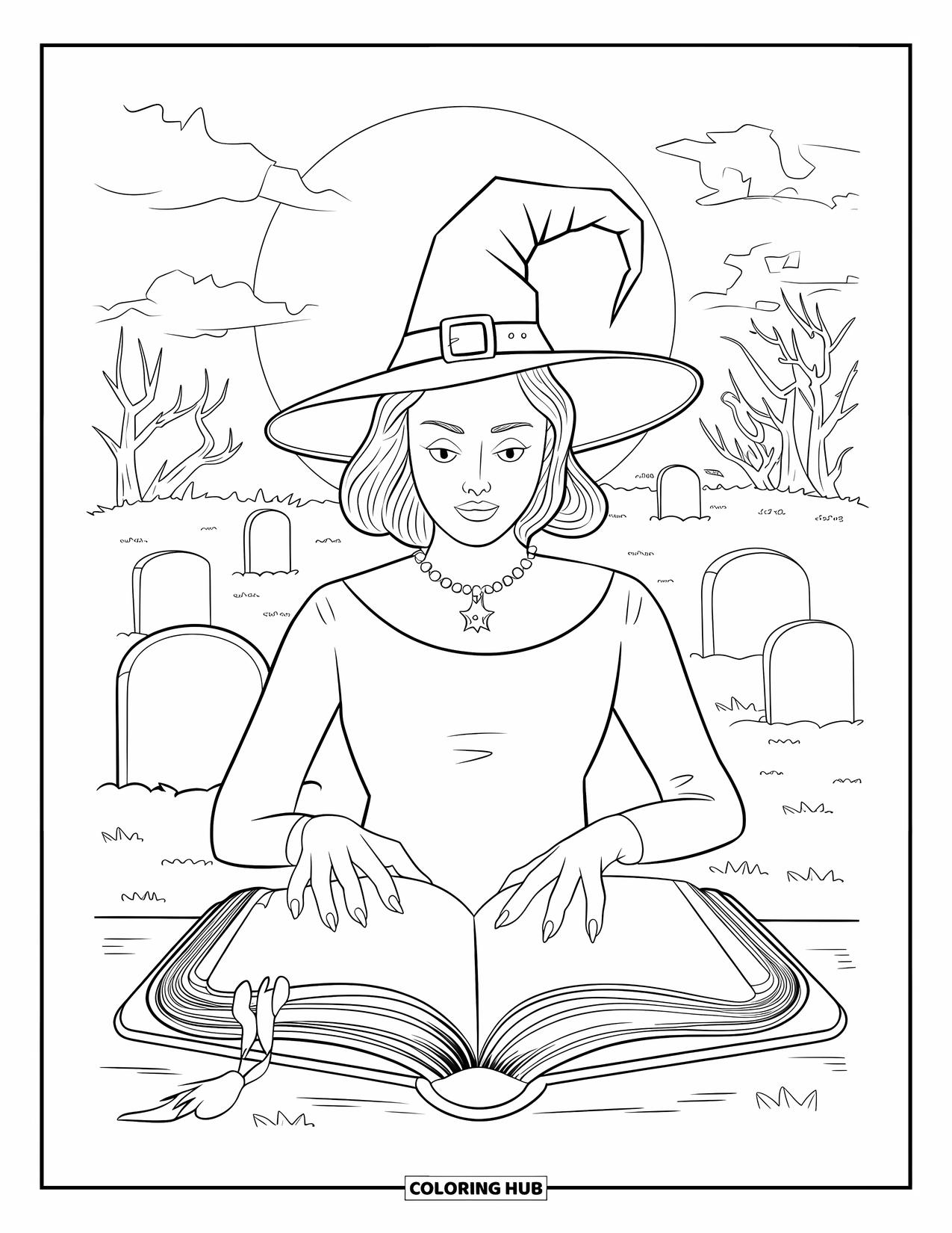 Halloween Monster Coloring Page for Kids: A witch reads from a spellbook in a graveyard under the full moon