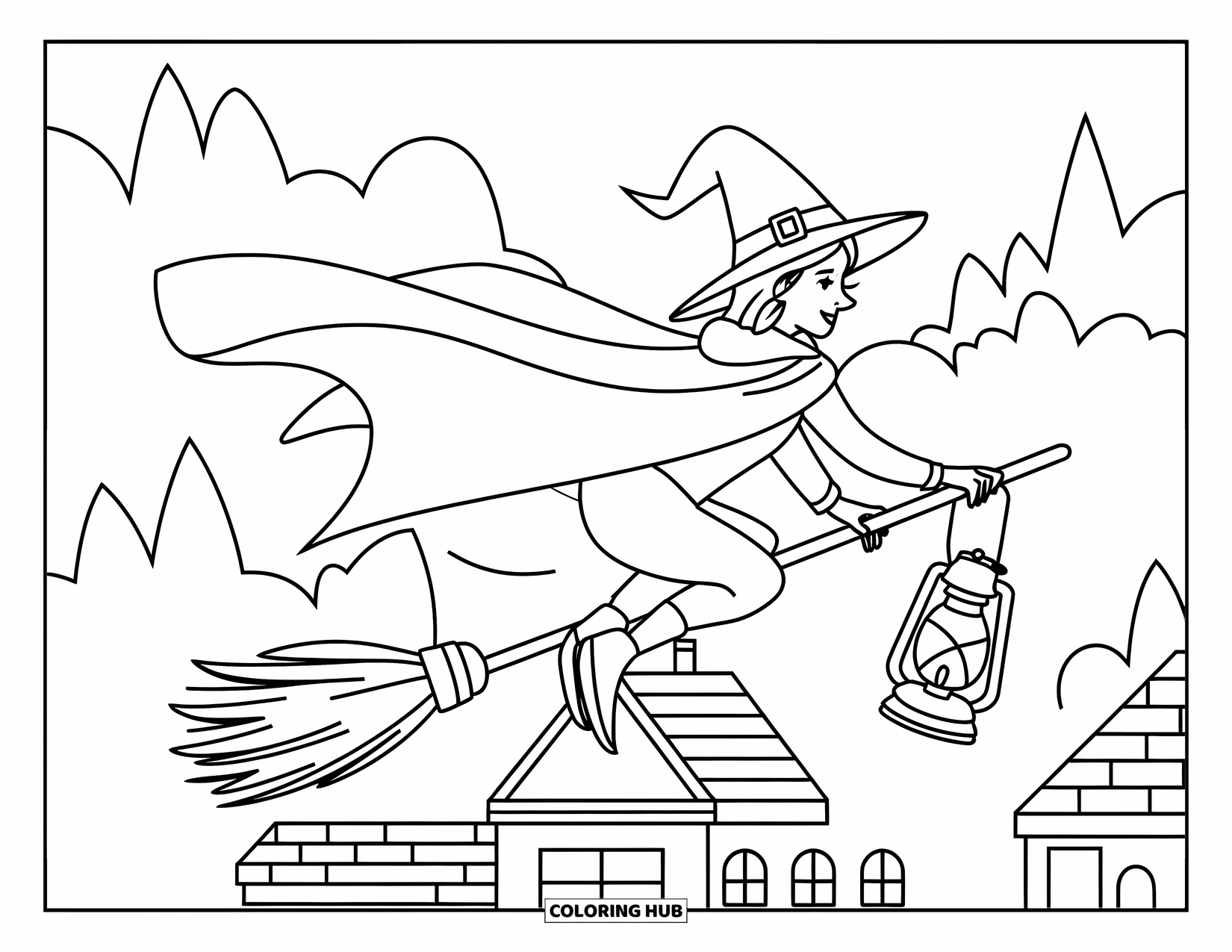 Halloween Monster Coloring Page for Kids: A witch soars over rooftops with her lantern and flowing cloak