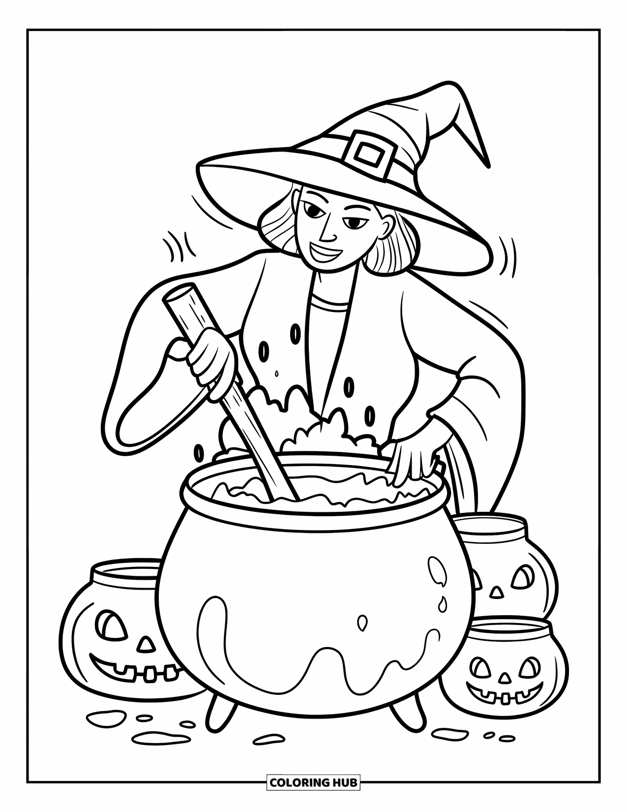 Halloween Monster Coloring Page for Kids: A witch stirs a bubbling cauldron surrounded by creepy jars and fog
