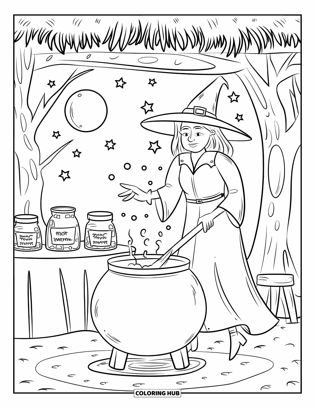 Halloween Monster Coloring Page for Kids: A witch stirs a cauldron under moonlight beside jars and stars