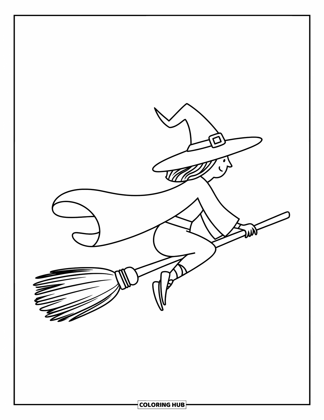 Halloween Monster Coloring Page for Kids: A witch with a hat soars through the sky holding her wand