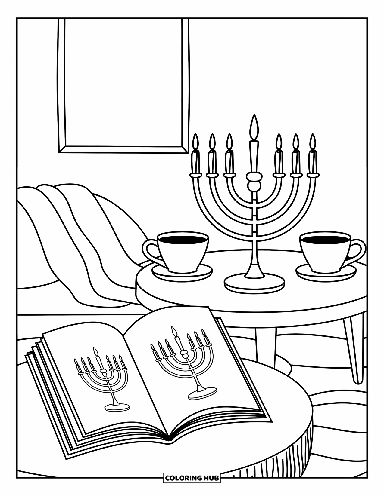 Hanukkah Coloring Page for Adults: A cozy Hanukkah nook with menorah, book, and a ìFestival of Lightsî sign