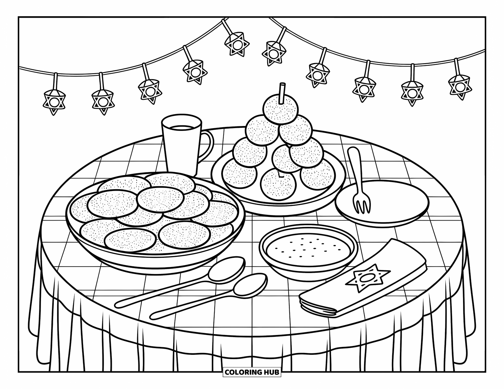 Hanukkah Coloring Page for Adults: A cozy table with latkes, sufganiyot, and applesauce for Hanukkah