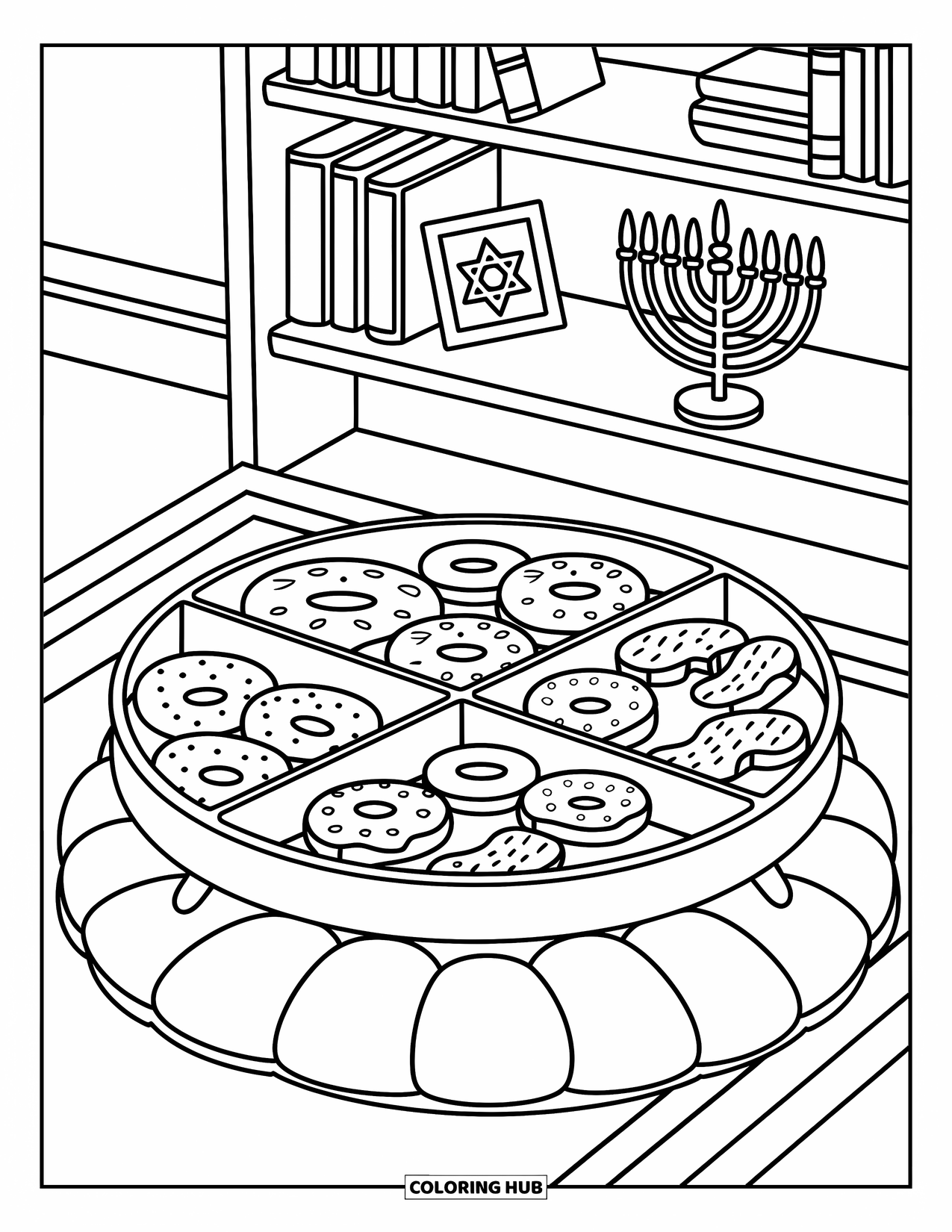 Hanukkah Coloring Page for Adults: A cute serving tray with Hanukkah sweets and cozy bookshelf background