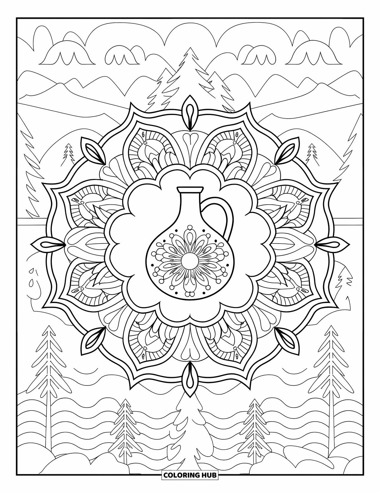Hanukkah Coloring Page for Adults: A detailed olive oil jug in a botanical mandala of leaves and stars